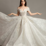 White deep v neckline with off the shoulder sleeves princess dress