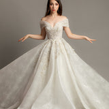 White deep v neckline with off the shoulder sleeves princess dress