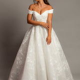 Off the shoulder lace all over ballgown wedding dress with a corset back