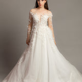 White Flowery Tulle Wedding Dress with sleeves