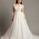 White Flowery Tulle Wedding Dress with sleeves