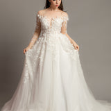 White Flowery Tulle Wedding Dress with sleeves