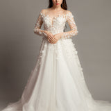 White Flowery Tulle Wedding Dress with sleeves