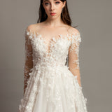 White Flowery Tulle Wedding Dress with sleeves