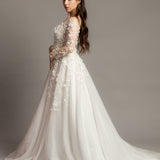 White Flowery Tulle Wedding Dress with sleeves