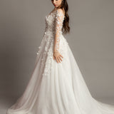 White Flowery Tulle Wedding Dress with sleeves