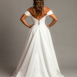 Crescent moon neckline off the shoulder wedding dress with slit and low back