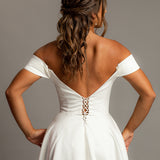 Crescent moon neckline off the shoulder wedding dress with slit and low back