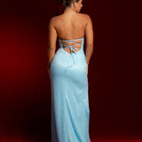Baby blue beaded dress with crescent moom neckline and high slit for hire