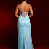 Baby blue beaded dress with crescent moom neckline and high slit for hire
