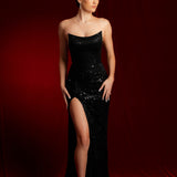 Beaded black lace crescent moon and a high slit dress