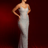 Crystal silver scoop neck corset dress with lace up back