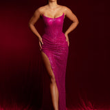 Beaded magenta strapless corset dress for hire