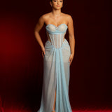 Baby blue crystal mesh bustier top with lace up back dress for hire