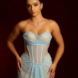 Baby blue crystal mesh bustier top with lace up back dress for hire