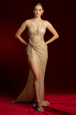 Beaded nude gold cutout dress with lace up back for hire