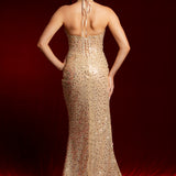 Beaded nude gold dress with halter neck