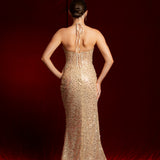 Beaded nude gold cutout dress with lace up back for hire