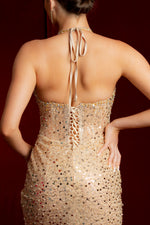 Beaded nude gold dress with halter neck
