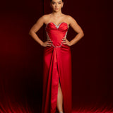 red satin sweet heart neckline with crystal details
