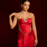 red satin sweet heart neckline with crystal details
