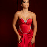 red satin sweet heart neckline with crystal details