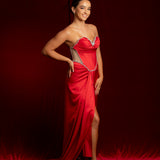 red satin sweet heart neckline with crystal details