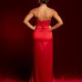 red satin sweet heart neckline with crystal details