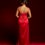 red satin sweet heart neckline with crystal details