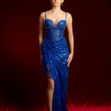 Royal blue beaded dress with corset top for hire