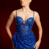 Royal blue beaded dress with corset top for hire