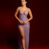 Beaded purple bustier cup dress with lace up back for hire