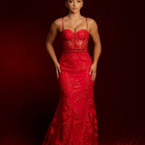 Red embroidery floral lace bustier mermaid dress