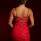 Red embroidery floral lace bustier mermaid dress