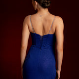 Royal blue sparkling dress with bustier top and ruched high slit