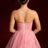 Hot Pink Organza ruffled dress with lace up back