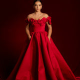 Satin red dress with 3D rose off the shoulder sleeves