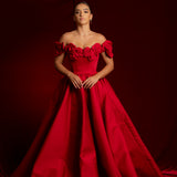 Satin red dress with 3D rose off the shoulder sleeves