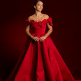 Satin red dress with 3D rose off the shoulder sleeves