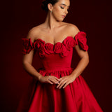 Satin red dress with 3D rose off the shoulder sleeves