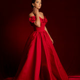 Satin red dress with 3D rose off the shoulder sleeves