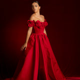 Satin red dress with 3D rose off the shoulder sleeves