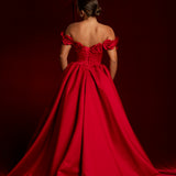 Satin red dress with 3D rose off the shoulder sleeves
