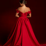 Satin red dress with 3D rose off the shoulder sleeves