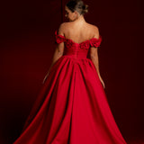 Satin red dress with 3D rose off the shoulder sleeves
