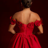 Satin red dress with 3D rose off the shoulder sleeves