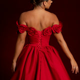 Satin red dress with 3D rose off the shoulder sleeves