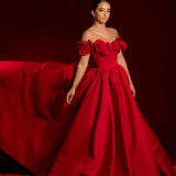Satin red dress with 3D rose off the shoulder sleeves
