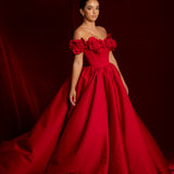 Satin red dress with 3D rose off the shoulder sleeves