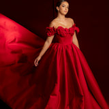 Satin red dress with 3D rose off the shoulder sleeves